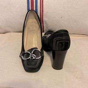 Black suede Coach heels